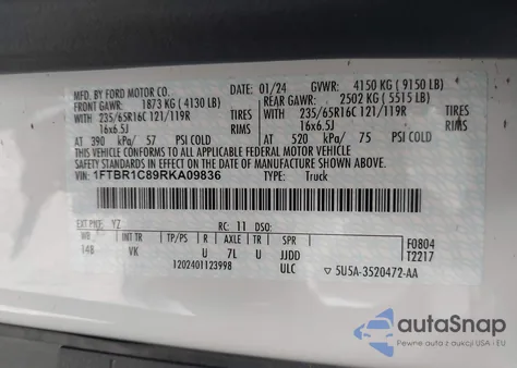 2024 Ford Transit-250 из США, поврежденный, VIN 1FTBR1C89RKA09836